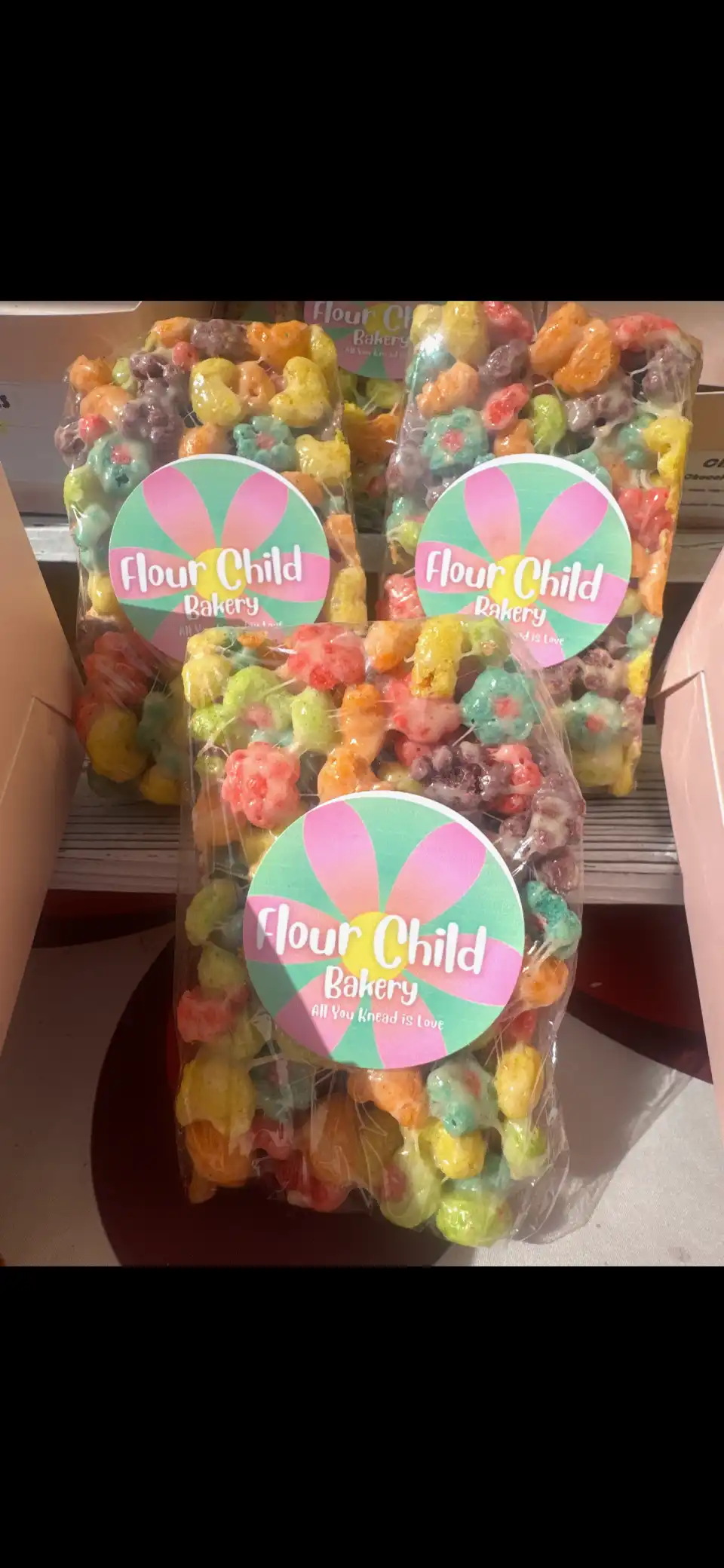 Packaged rainbow snack mix from Flour Child Bakery